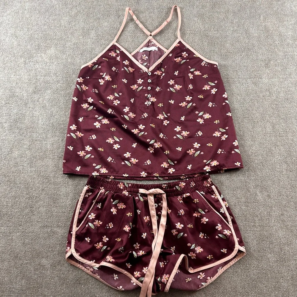 Abercrombie & Fitch Pajamas Womens S/M Burgundy Floral Satin‎ Cami Shorts Set